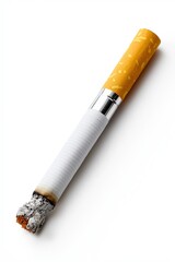 Burning cigarette with ash at the tip isolated on white background, symbolizing smoking habit and health risk