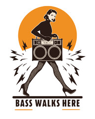 Woman walking confidently with boombox against a vibrant background