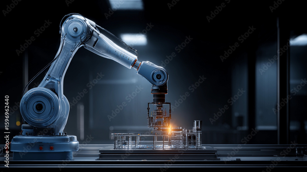 Poster advanced robotic arm assembling components in high-tech lab