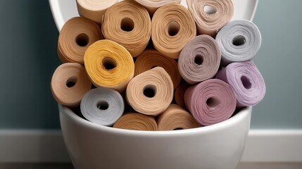 Toilet filled with varied colored rolls