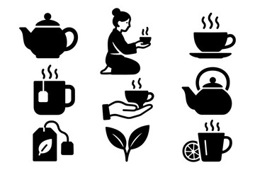 Black silhouette tea icons: teapots, cups, leaves, and ceremony