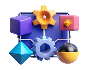 3D rendering shows abstract geometric shapes connected with gears and a blue surface