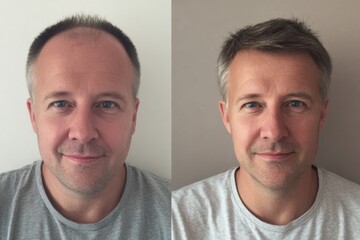 Before and After Portrait Photographs of a Man in His 40s with Hair Loss and Hair Restoration - Hair Transplant and Solutions.