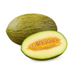 Whole and Sliced Santa Claus Melon on White Background