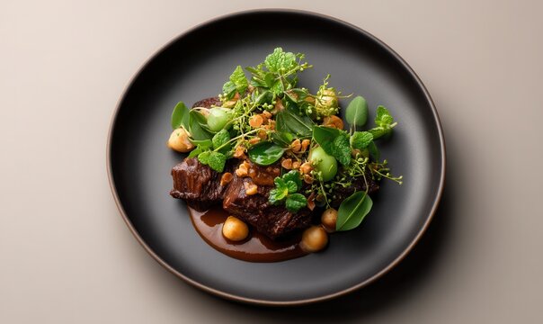 Artisan slow-roasted short rib with chicatana ant mole and cacao nibs on obsidian plate