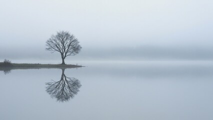 Solitary bare tree reflected in calm misty water minimalist landscape