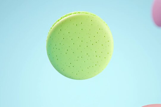 slow motion pastel color macaroons flying on pastel blue background