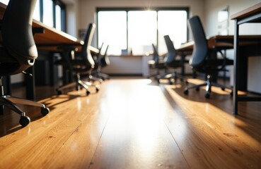 Fototapeta premium Empty modern office conference room with large windows and wooden flooring