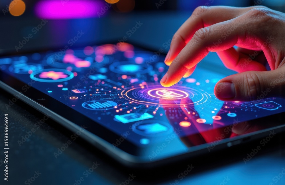 Aufkleber hand interacts with a futuristic digital interface on a tablet screen displaying vibrant holographic