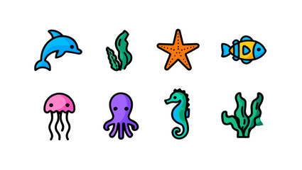 Fototapeta premium Collection of eight sea creatures including dolphin, starfish, octopus and seaweed illustration