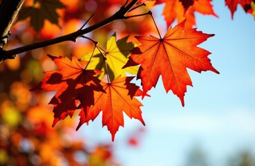 Colorful autumn maple leaves hanging on a branch against a bright blue sky