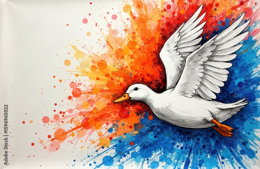 Poster woman flying duck with colorful paint splashes creating dynamic movement and energy