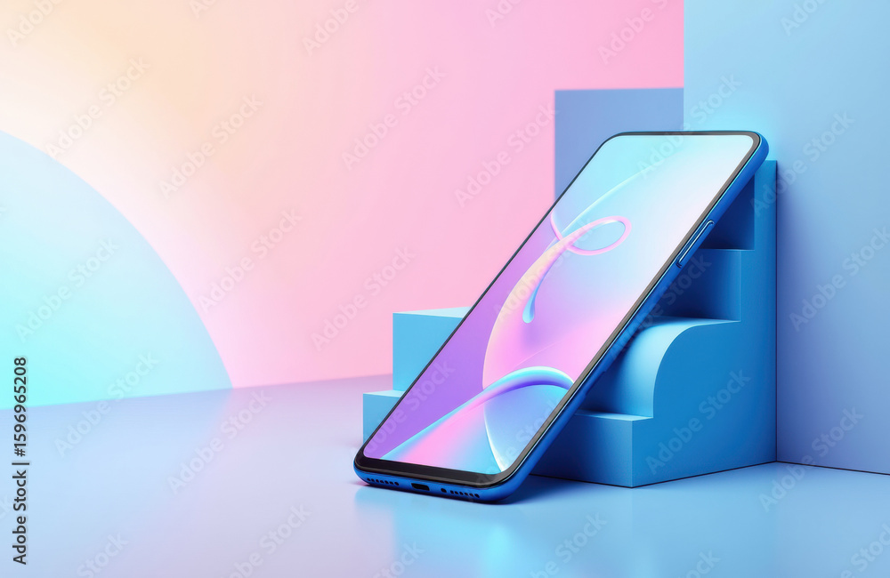 Poster smartphone with sleek design resting on geometric blocks in pastel-colored background