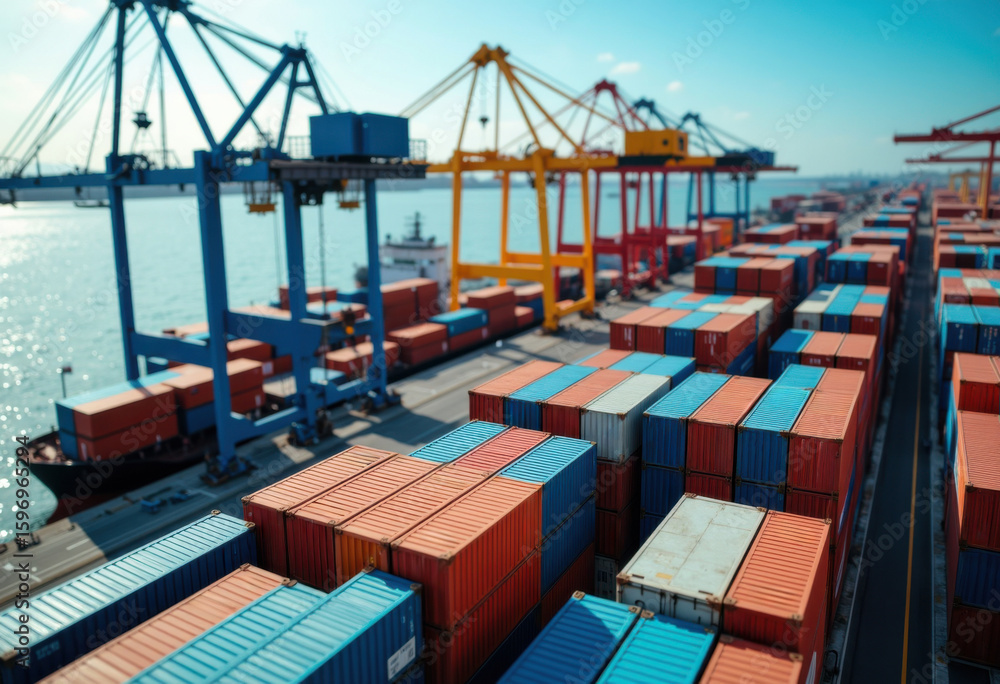 Poster container port with colorful cargo containers and large cranes at a busy harbor
