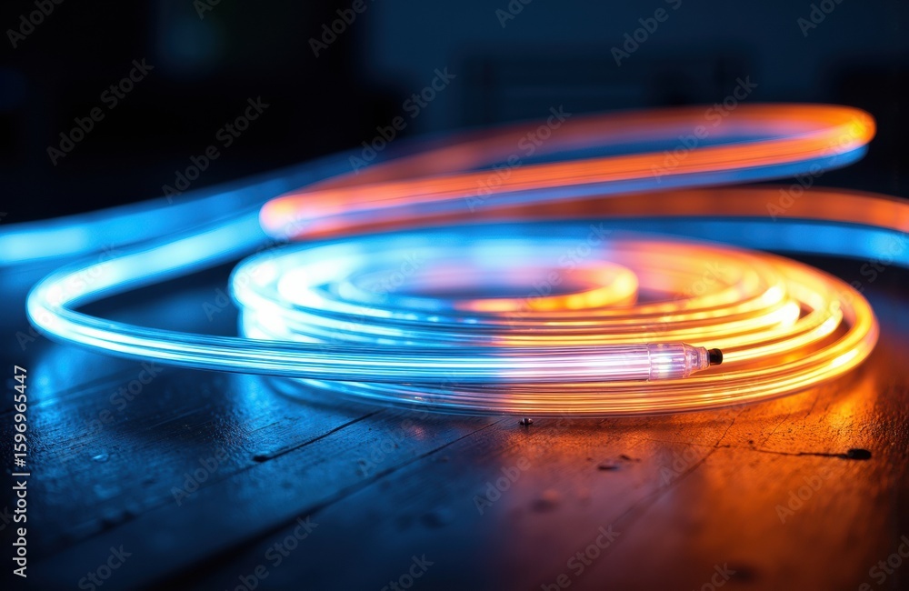 Poster light trails of blue and orange neon lights creating dynamic swirling patterns on a dark surface
