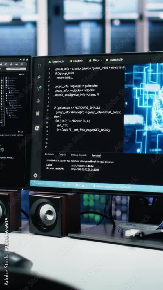 Poster vertical video monitors in data center displaying ai tech software interface monitoring infrastructu