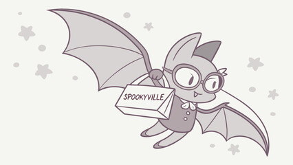 Vector art of a cute bat with glasses is shopping in spookyville
