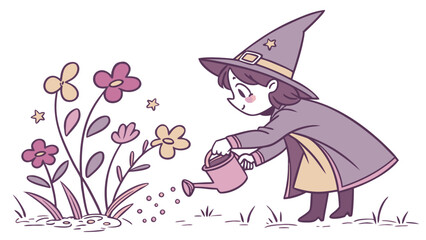 Vector art of a cute witch waters flowers in a whimsical cartoon illustration