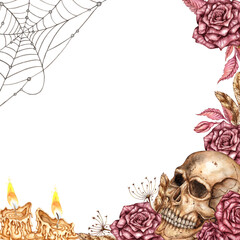 Skulls, burgundy roses, dry branches, dried flowers, brown feathers, cobwebs and candles square frame. Watercolor gothic illustration. Suitable for Halloween and Day of the Dead. Isolated 