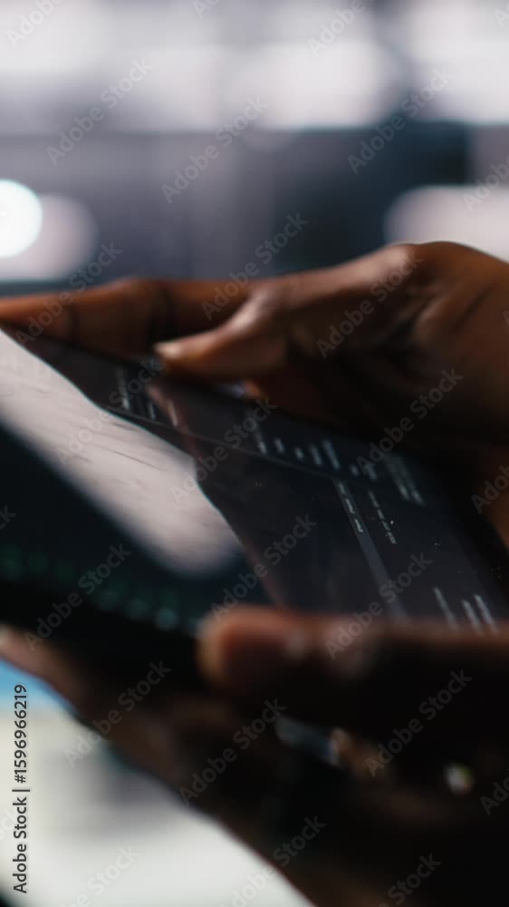 Poster vertical video close up of data center programmer using tablet, writing code for resource optimizati