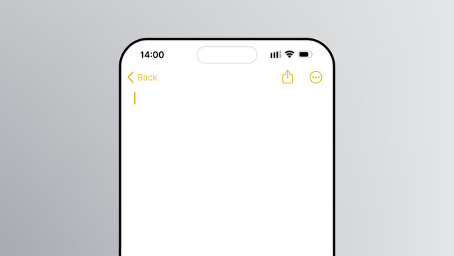 Blank note page open on a modern smartphone screen. User interface with back, share, and menu options for app development.
