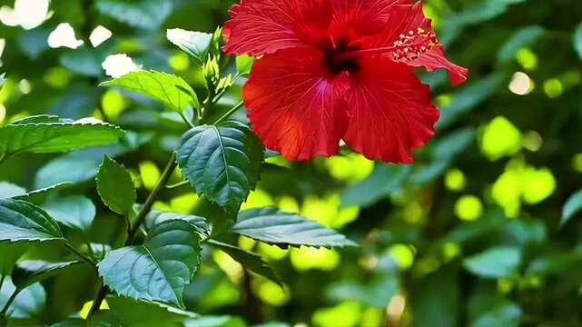 Bright red hibiscus flowers bloom beautifully against a vibrant green background, showcasing the tropical beauty of nature's summer flora