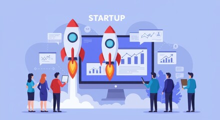 Business Startup Concept. Vector cartoon illustration of rocket launch against background of monitor with graphs and a group of watching people. Isolated on background
