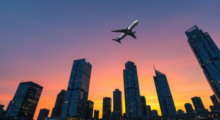 Airplane flying over glass skyscrapers of financial district - Abstract cityscape background
