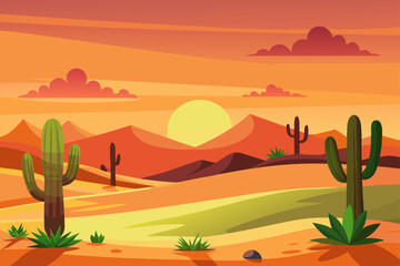 Sunset Desert View With Cactus And Dunes Clean Vector