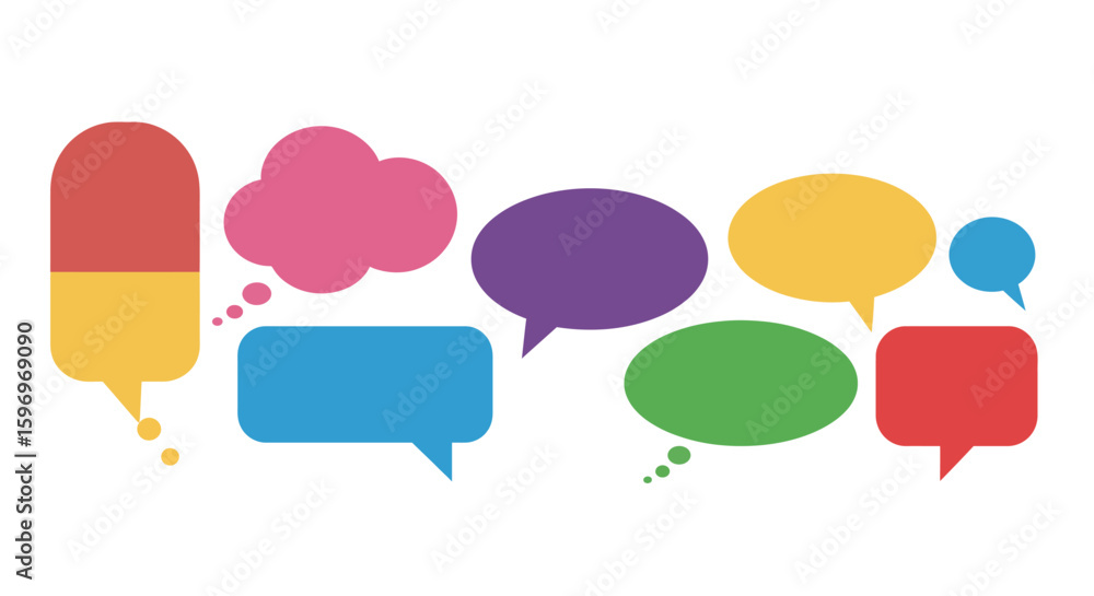 Aufkleber visualizing diverse communication styles through colorful speech bubbles and thought clouds for expr