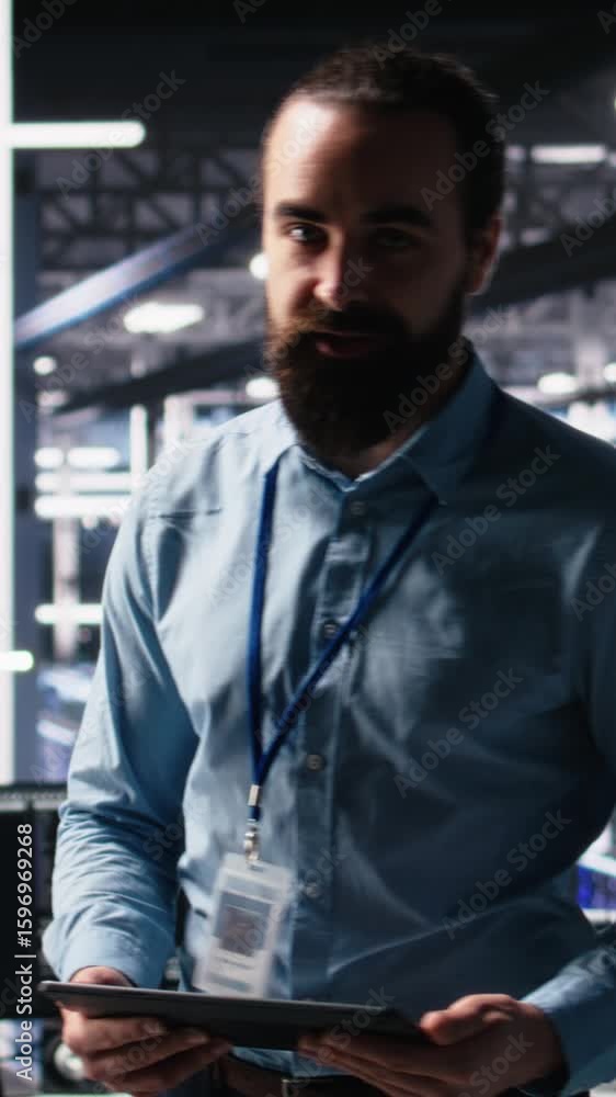 Poster vertical video data center system administrator showcasing supercomputers gear and ai technology, fi