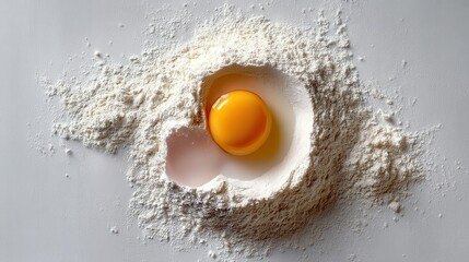 Creating magic ingredients dough recipe featuring egg yolk in flour circle on white surface