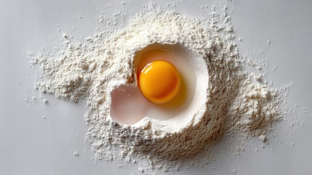 Creating magic ingredients dough recipe featuring egg yolk in flour circle on white surface
