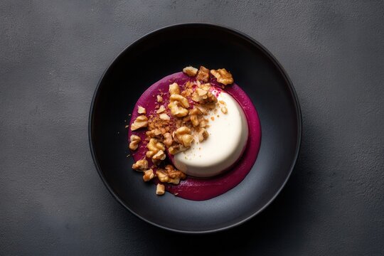 Panna cotta's serene landscape at Rui Paula's creation with beet reduction and walnuts for a symphony of tastes