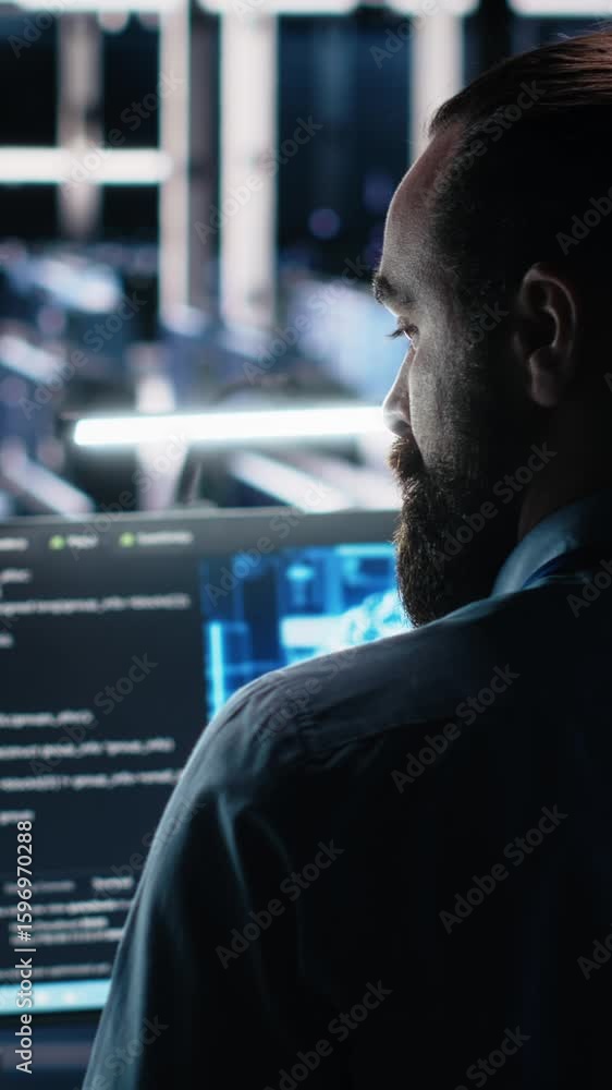 Poster vertical video data center computer scientist using pc to monitor neural network using ai llm. it ex