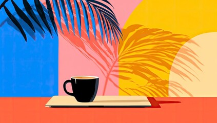 Coffee, tropical shadow, colorful background, summer.  Use Menu design