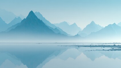 Obraz premium Serene misty mountain lake reflection, calm morning landscape, digital art, website banner
