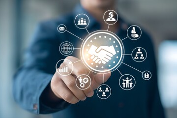 Trusted partner. Trustworthy collaboration, company or contract. Confidence to work together. Businessman turning knob to highest trust levels. Build trust in business and finance relationships.