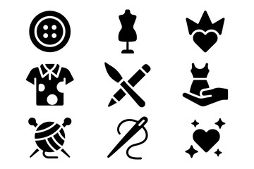 Fashion and craft icon set in bold black silhouette style for creative design projects