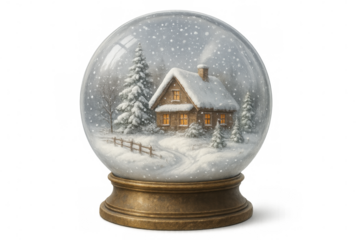 Miniature snow globe featuring wooden cabin nestled among snow-covered pines, glowing windows illuminating serene winter landscape with transparent background
