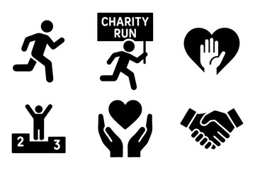 Charity run icons set: running, handshake, heart, victory podium