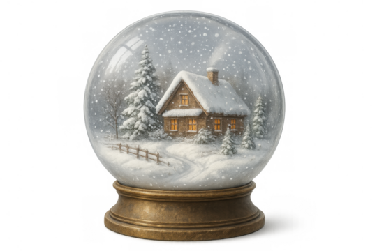 Miniature snow globe featuring wooden cabin nestled among snow-covered pines, glowing windows illuminating serene winter landscape with transparent background