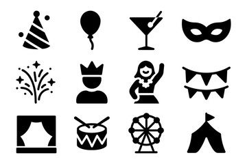 Celebration and party icon set: mask, ferris wheel, fireworks
