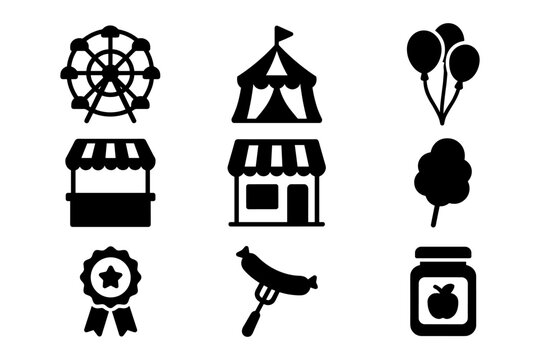 Black silhouette icons of fair attractions and festive elements for carnival themes