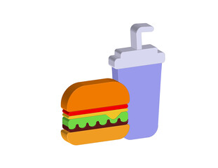 Simple 3D icon of a hamburger and soda, transparent background, PNG format
