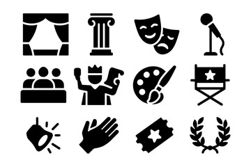Theater symbols: icon set featuring drama masks, stage, and tools