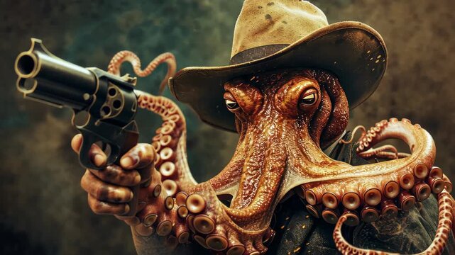 Steampunk Octopus Gunslinger: A captivating image of an octopus in a cowboy hat, gripping a revolver, embodying the fusion of aquatic life, old west style, and mechanical flair.