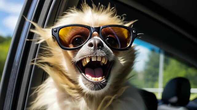 Joyride Monkey: A lighthearted image of a monkey wearing sunglasses, extending his head out of the car window. Capturing the carefree spirit of the moment