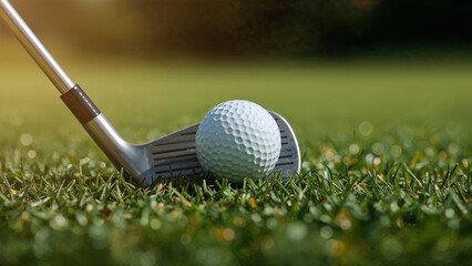 Golf club impacting ball on sunny green