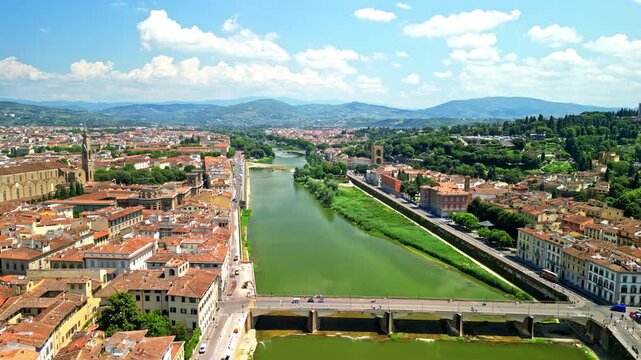 The Ponte alle Grazie is a bridge, reconstructed after 1945, over the Arno River in Florence, region of Tuscany, Italy. 4K, high quality.